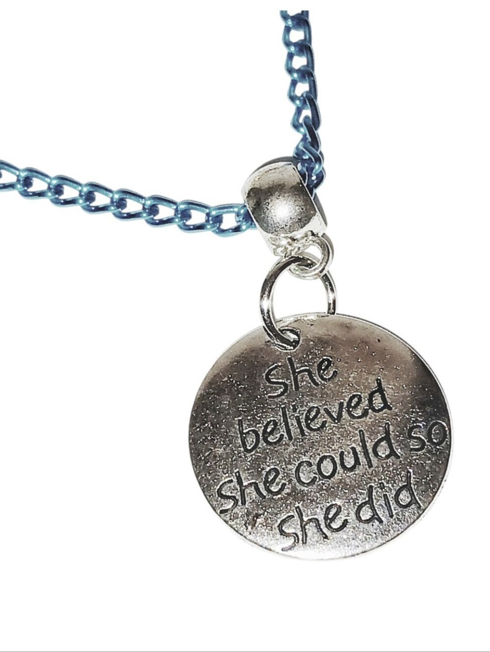Blue Silver Coin Medallion Quote Necklace Boho Chic Casual Everyday Whimsical